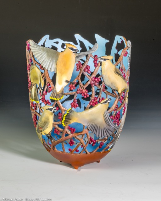 Winter Feast.  My interpretation of a flock of Cedar Waxwings descending on a crab apple tree in winter to devour the fruit.---Available