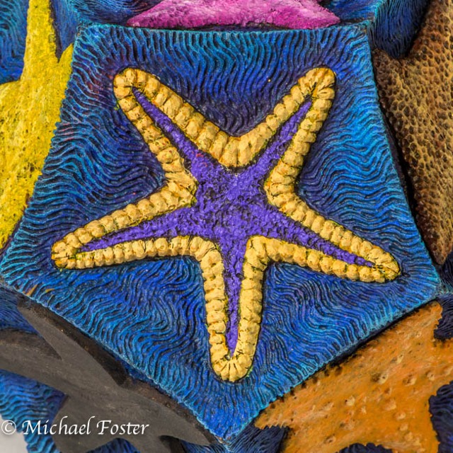Platonic Ocean-   Detail of one starfish (all are based on actual starfish).  Basswood, Acrylics, Ink, 23K gold leaf, 6