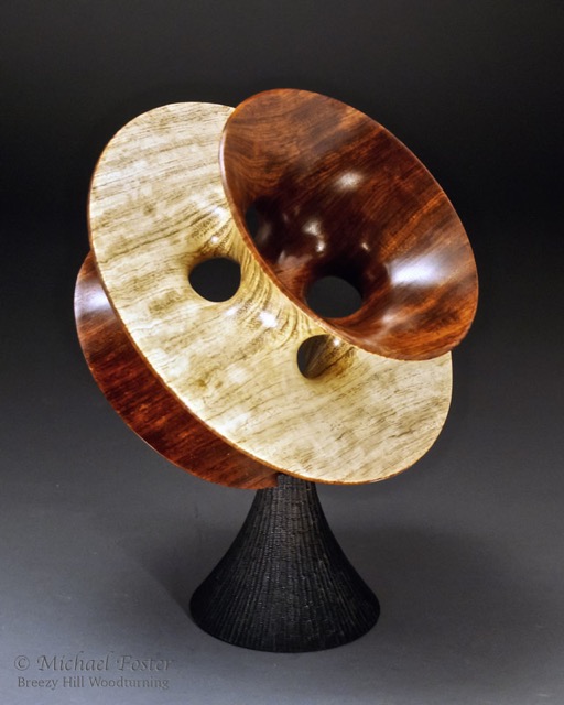 Costa Hoffman Meeks-   Bubinga, bleached on one side, lacquer.  9”D x 6”H.  Branded and ebonized maple base.----SOLD