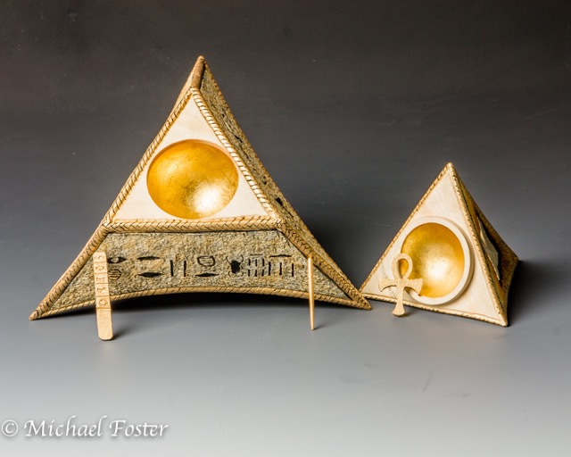 Lost Reliquary of Thoth-  Box open showing interior spherical box and the relics of Thoth.  A stylus for writng, a tablature for writing on and an Ankh.----AVAILABLE