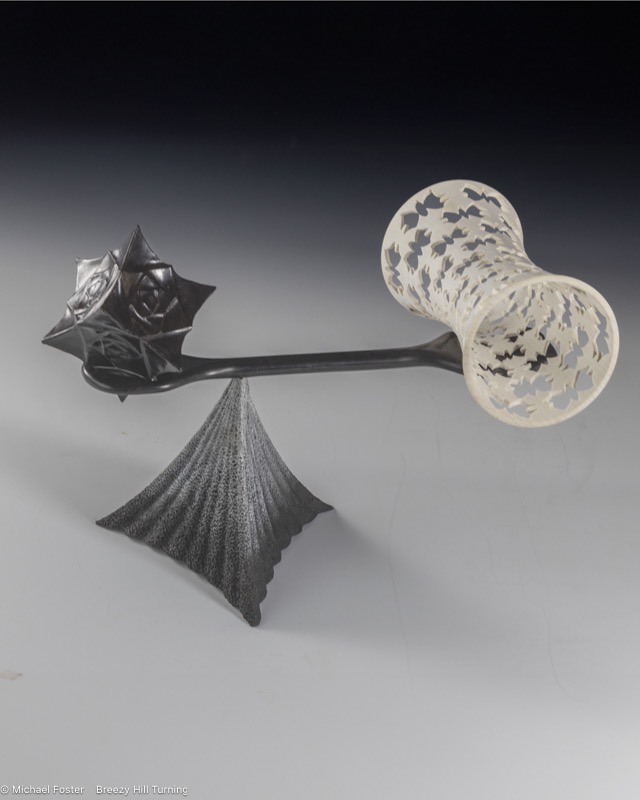 Balanced Geometry- A work accepted into the Gallery for Wood Art show Balance and Contrast.  Bleached maple, African blackwood, Cherry, India ink, acrylics and one brass pin. No finish on any of it.
8